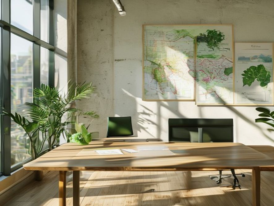 Lysande arbeidskontør med skrivebord, planter og rutekart på veggen